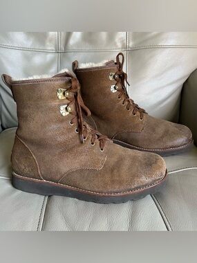 UGG Hannen TL Boots Sz 10 Waterproof Winter Leather Sheepskin Work Warm Brown